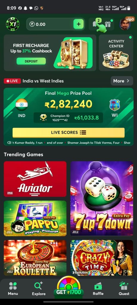 X1 Game homepage screenshot displaying the green gaming dashboard, first recharge promotion, live cricket scores, prize pool, and trending mobile games.