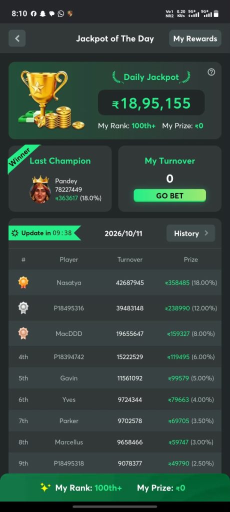 X1 Game Jackpot of the Day screen featuring a daily jackpot amount, winner rankings, player turnover table, prize information, and reward history.
