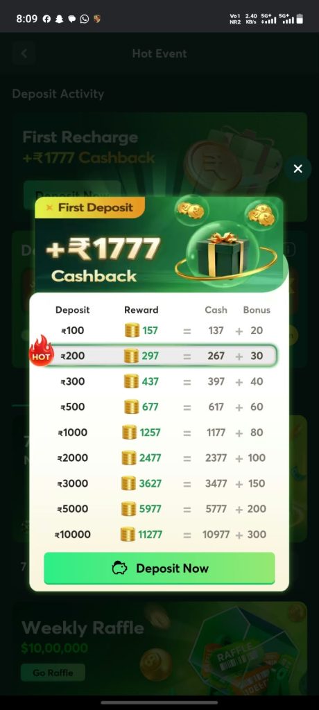 X1 Game first deposit cashback promotion showing a green gift box, gold coins, deposit amounts, reward details, and a bonus information table.