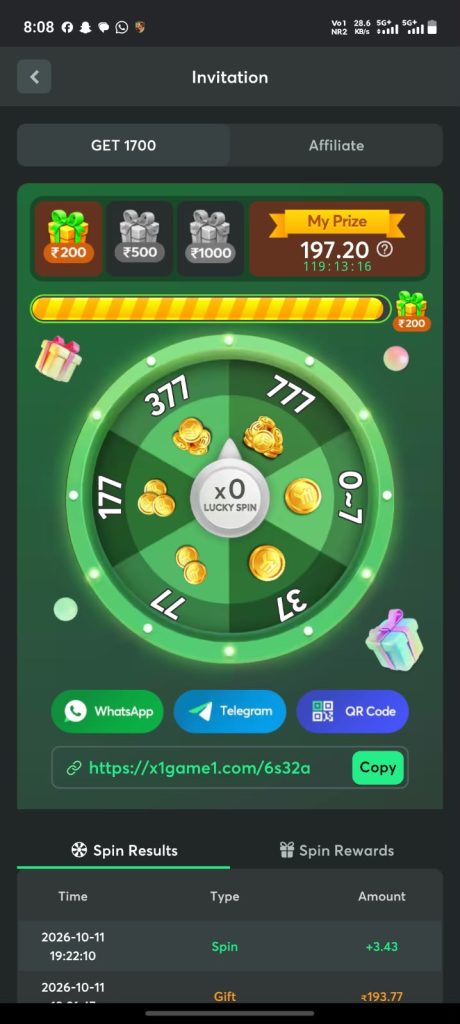 X1 Game invitation page featuring a green lucky spin wheel, prize display, referral link, gift icons, and spin results section.